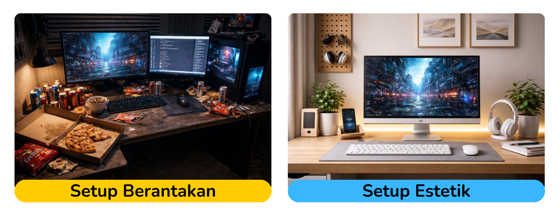 Setup Meja Berantakan vs Rapi
